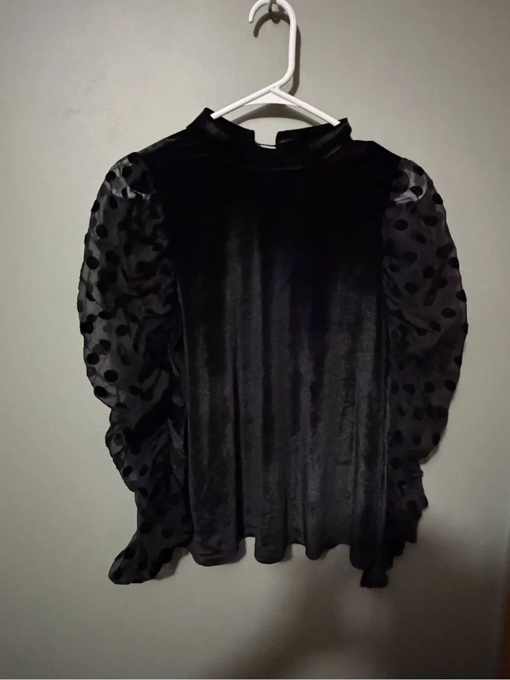 THML Black Velvet Blouse with Polka Dot Puff Sleeves
